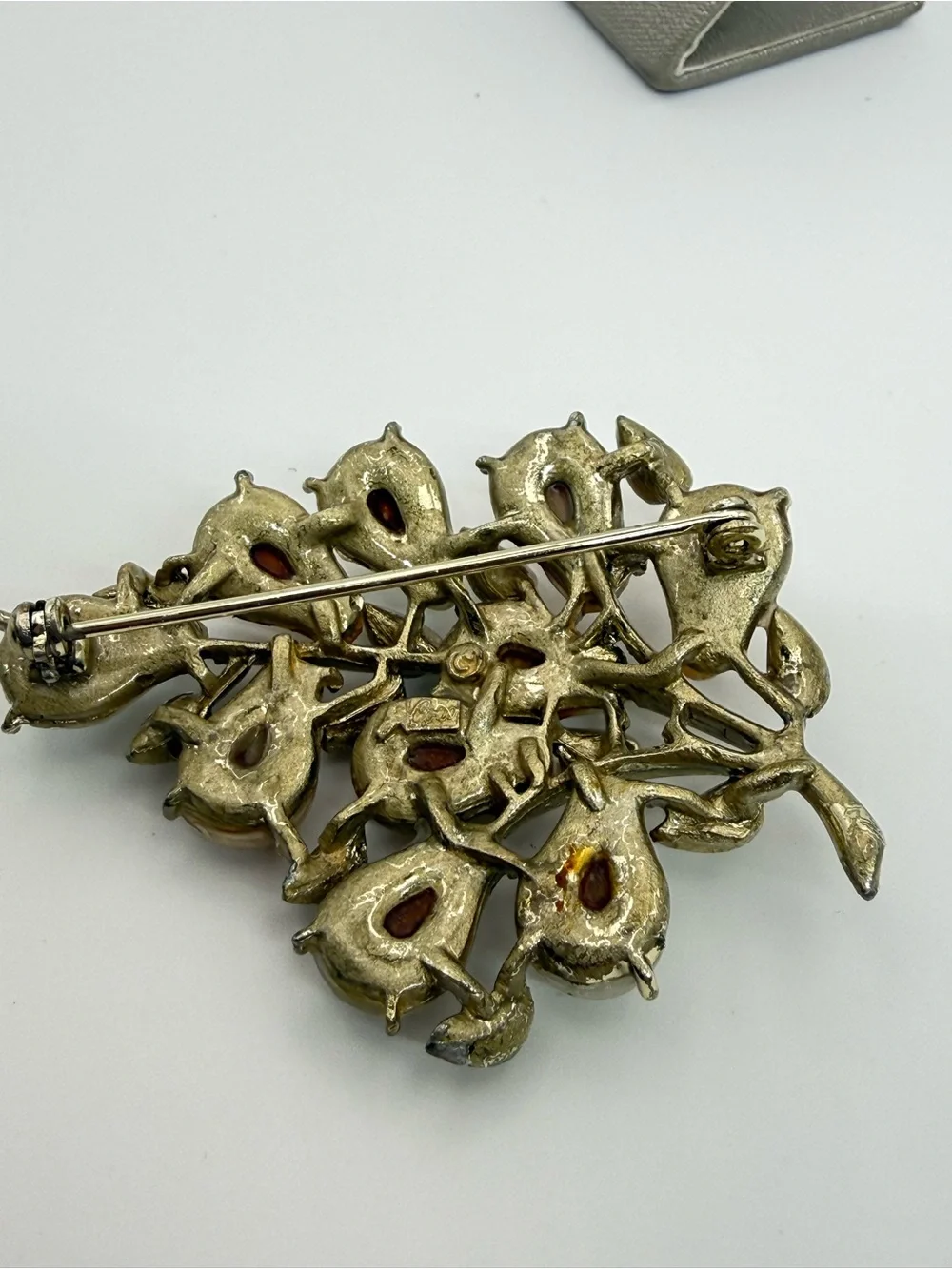 Vintage Signed Coro Moonglow Lucite Pear Fruit Tree Brooch Gold Tone